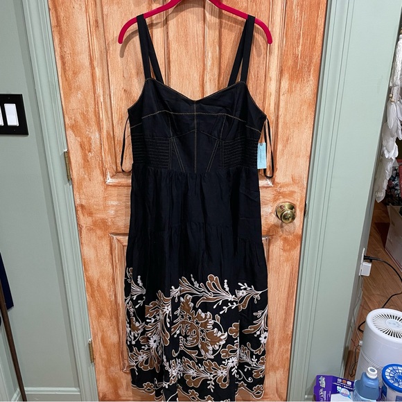 Anthropologie 1X Corset Bodice Linen Blend Embroidered Scalloped Hem Midi Dress - Picture 2 of 16